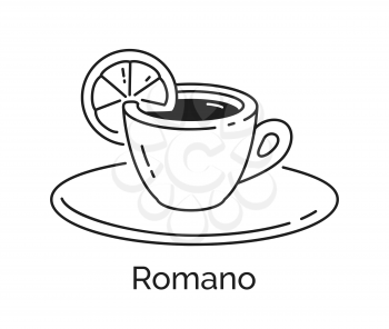 Vector minimalistic line art illustration of Romano Coffee cup isolated on white background.