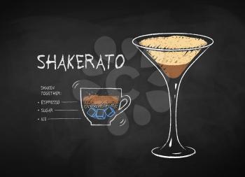 Vector chalk drawn infographic illustration of Shakerato coffee recipe on chalkboard background.