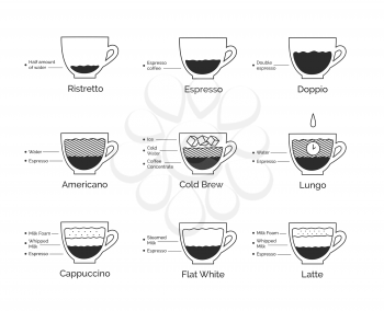 Vector minimalistic line art illustration set of infographic coffee recipes cups isolated on white background.