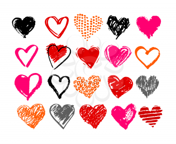 Collection of grunge vector hand drawn Valentine hearts isolated on white background.