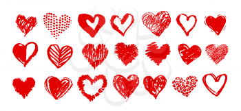 Collection of red grunge vector hand drawn Valentine hearts isolated on white background.
