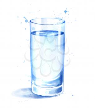 Watercolor vector isolated illustration of glass of water. Realistic hand drawn art with paint smudges and splashes.