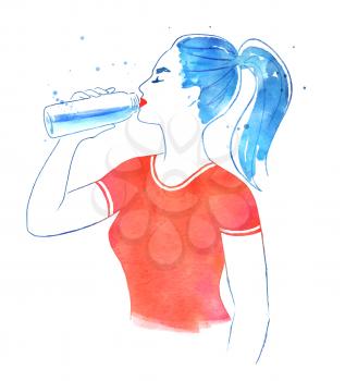 Watercolor vector isolated illustration of woman drinking with bottle of pure water. Hand drawn with paint smudges and splashes.