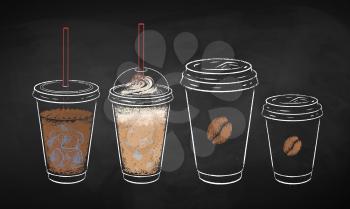 Disposable takeaway coffee cups collection isolated on black chalkboard background. Vector chalk drawn sideview grunge illustration.