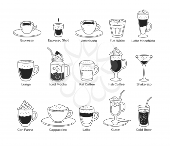 Vector minimalistic line art illustration set of coffee cups isolated on white background.