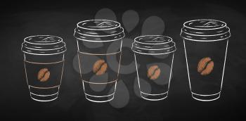 Disposable takeaway paper coffee cups isolated on black chalkboard background. Vector chalk drawn sideview grunge illustration.