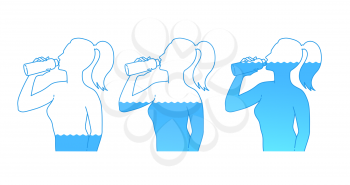 Vector illustration set of female silhouette drinking water. Isolated on white background.