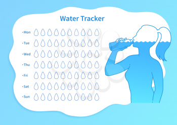 Water tracker template with female silhouette drinking water. Vector illustration.