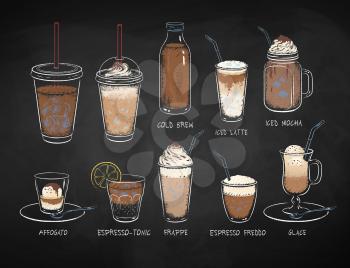 Collection of coffee drinks isolated on black chalkboard background. Vector chalk drawn sideview grunge illustrations.