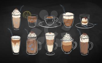 Collection of coffee drinks isolated on black chalkboard background. Vector chalk drawn sideview grunge illustrations.
