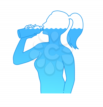 Vector illustration of female silhouette drinking water with bottle. Isolated on white background.