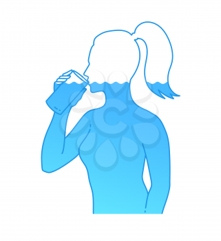 Vector illustration of female silhouette drinking water with glass. Isolated on white background.