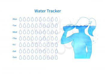 Water tracker template with watercolor  female silhouette drinking water. Vector illustration.