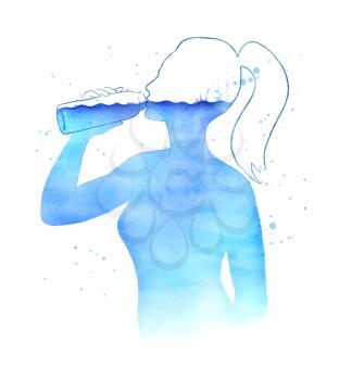 Watercolor vector illustration of hydration concept. Female silhouette filled with water.