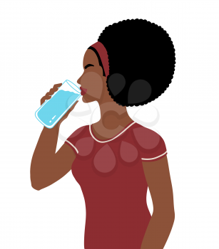 Vector illustration of african american  woman sideview figure drinking water with glass