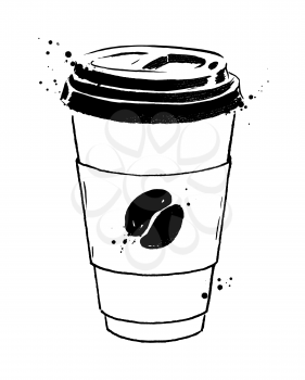 Ink illustration of disposable paper cup of coffee with coffee bean.