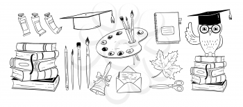 Art education school illustrations set. Vector line art objects isolated on white background.