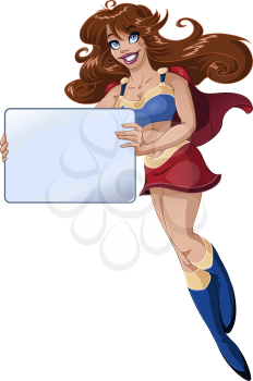 Royalty Free Clipart Image of a Super Girl holding a Blank Sign