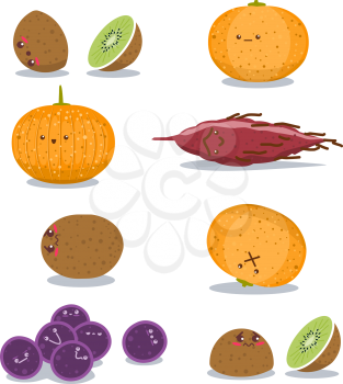 Royalty Free Clipart Image of Grapes Kiwis Oranges and a Sweet Potato