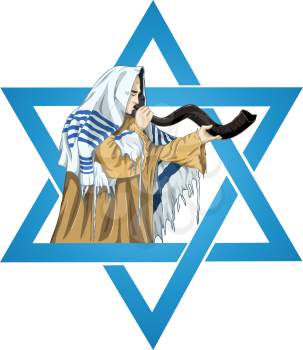 Royalty Free Clipart Image of a Man Playing his Horn in the Star of David