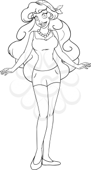 Vector illustration coloring page of an african teenage girl in tanktop and shorts.