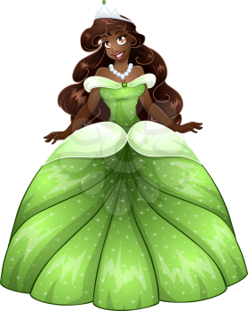 Vector illustration of a beautiful african princess in green dress.