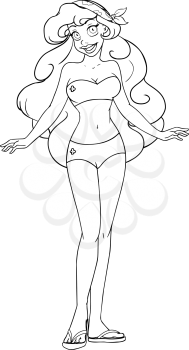 Vector illustration coloring page of an African in swimsuit and sandals.