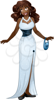 Vector illustration of an african woman in white evening dress.