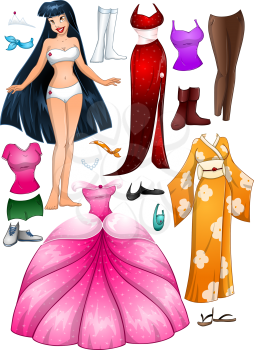 A vector illustration of an asian girl template outfit and accessories dress up pack.
