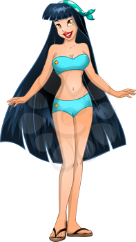 Vector illustration of an asian woman in blue swimsuit and sandals.