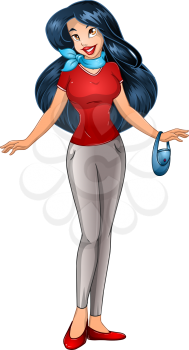 Vector illustration of an asian teenage girl in tshirt and long pants.