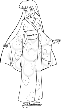 Vector illustration coloring page of an asian woman in traditional japanese kimono.
