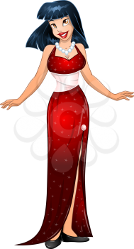 Vector illustration of an asian woman in red evening dress.