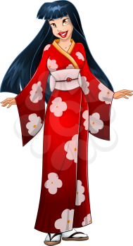 Vector illustration of an asian woman in traditional red japanese kimono.
