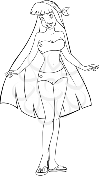 Vector illustration coloring page of an asian woman in swimsuit and sandals.