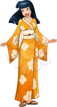 Vector illustration of an asian woman in traditional yellow green japanese kimono.