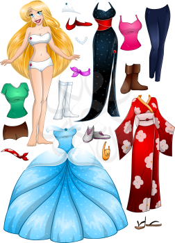 A vector illustration of a blond girl template outfit and accessories dress up pack.