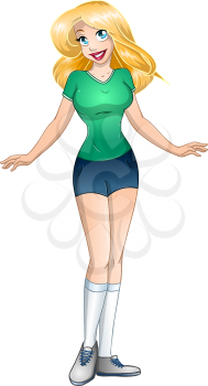 Vector illustration of a blond teenage girl in tshirt and short pants.
