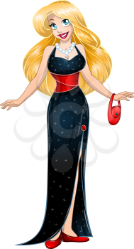 Vector illustration of a blond woman in black evening dress.
