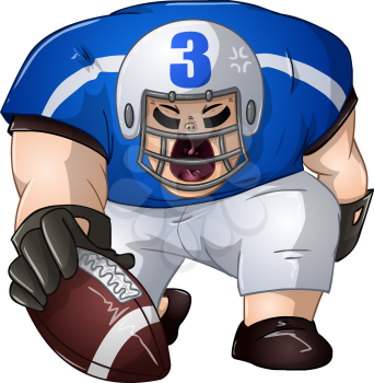 A vector illustration of a football player in blue and white uniforms kneeling and holding a football.