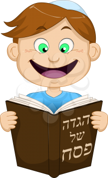 Vector illustration of a boy reading from Haggadah on Passover.
