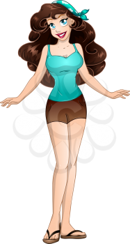 Vector illustration of a brunette teenage girl in tanktop and short pants.