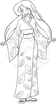 Vector illustration coloring page of a caucasian woman in traditional japanese kimono.