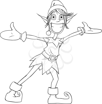 Vector illustration coloring page of a Christmas elf spreading his arms and smiling.