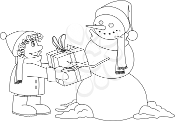 Vector illustration coloring page of a snowman giving a present to a child for Christmas.