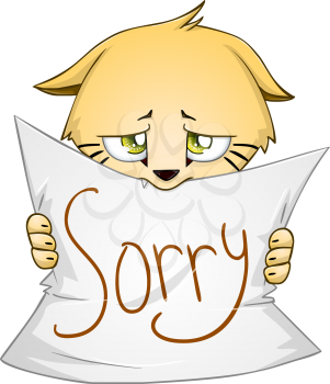 Vector illustration of a cute kitten holds sign of apology