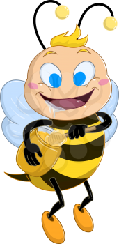 Vector illustration of a cute bee holds honey jar and drools