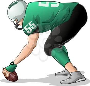 Vector illustration of a football player in green uniforms kneels and holds football.