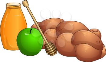 Vector illustration of honey jar apple and chala for rosh hashanah