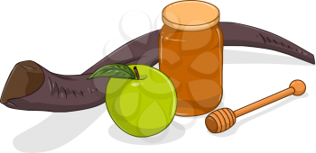 Vector illustration of shofar apple and honey jar for yom kippur